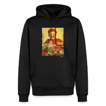 Propagande vintage : un garçon mange des aliments sains - Sweat à capuche Premium bio Homme - noir - Devant - Nico (187cm)