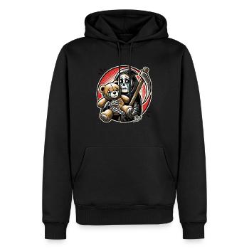 Weinender Sensenmann knudelt ein Stofftier - Männer Premium Bio Hoodie - Schwarz - Vorne - Nico (187cm)