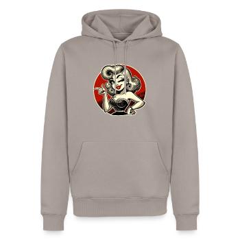 Blonde rétro avec clin d’œil et bouton-pression - Sweat à capuche Premium bio Homme - taupe - Devant - Nico (187cm)