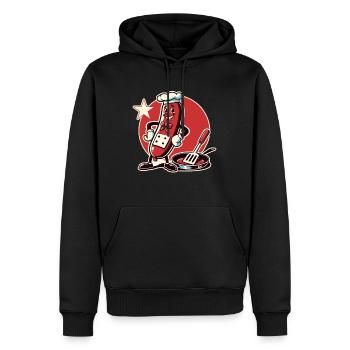 Der Koch ist eine lustige Bratwurst mit Pfanne - Männer Premium Bio Hoodie - Schwarz - Vorne - Nico (187cm)