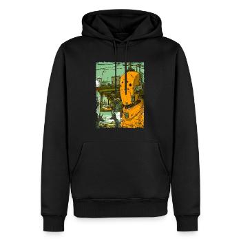 Cartoon einer Sci-Fi-Dystopie mit Roboter - Männer Premium Bio Hoodie - Schwarz - Vorne - Nico (187cm)