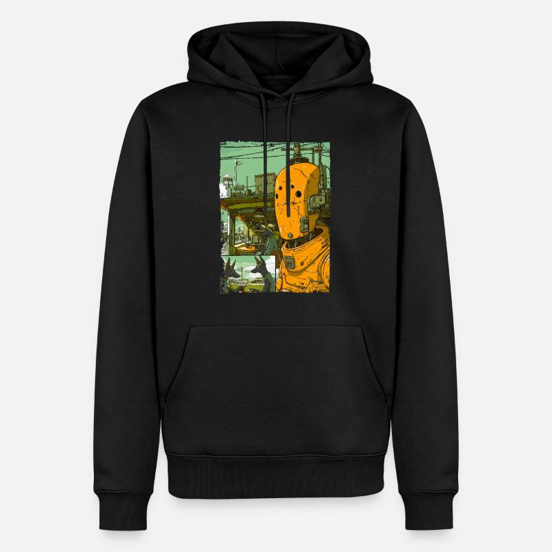 Cartoon einer Sci-Fi-Dystopie mit Roboter - Männer Premium Bio Hoodie - Schwarz