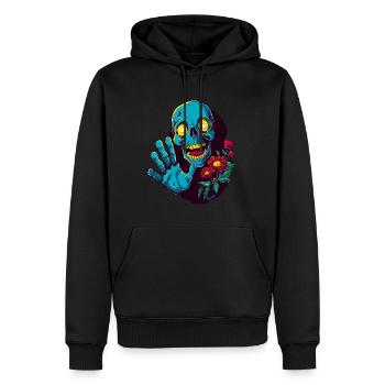 Drôle de crâne avec des fleurs salue : Bonjour ! - Sweat à capuche Premium bio Homme - noir - Devant - Nico (187cm)