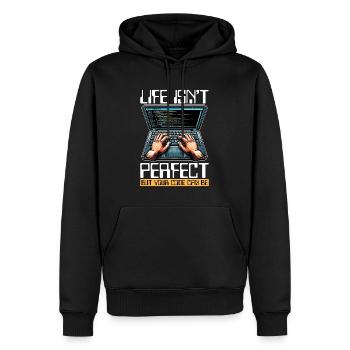 Coder Life Isn't Perfect But Your Code Developer - Männer Premium Bio Hoodie - Schwarz - Vorne - Nico (187cm)