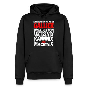Gallier, Umgeben von Weiss, Kann & Macht Nix, Fun - Männer Premium Bio Hoodie - Schwarz - Vorne - Nico (187cm)