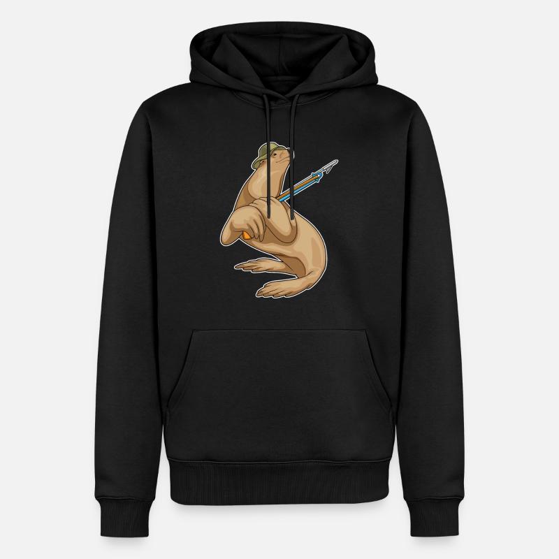 Phoque, pêcheur, harpon, pêche - Sweat à capuche Premium bio Homme - noir