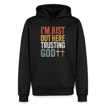 J’ai confiance en Dieu ici - Sweat à capuche Premium bio Homme - noir - Devant - Nico (187cm)