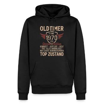 Cadeau 55ème anniversaire Voiture Ancienne Octobre 1970 - Sweat à capuche Premium bio Homme - noir - Devant - Nico (187cm)