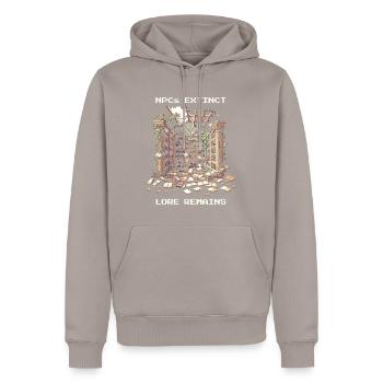 NPCs weg, Lore bleibt | Postapokalyptik - Männer Premium Bio Hoodie - Taupe - Vorne - Nico (187cm)