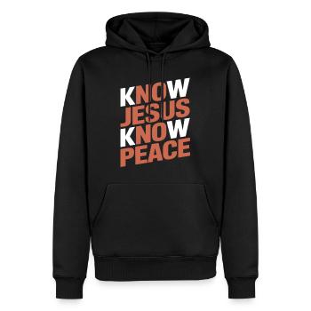 Know Jesus Know Peace - Männer Premium Bio Hoodie - Schwarz - Vorne - Nico (187cm)