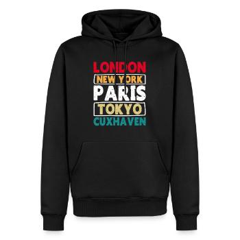 Mer du Nord LONDRES NEW YORK PARIS TOKYO CUXHAVEN - Sweat à capuche Premium bio Homme - noir - Devant - Nico (187cm)