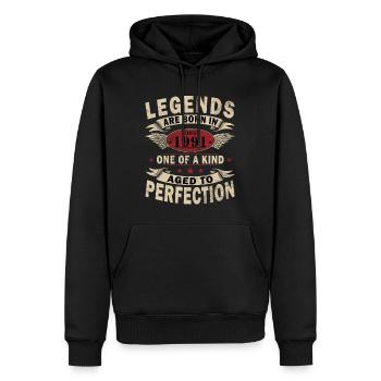 Février 1991| Février 1991 Jubilé 1991 - Sweat à capuche Premium bio Homme - noir - Devant - Nico (187cm)