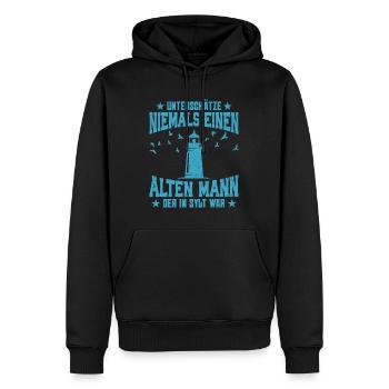 Nordsee Urlaub UNTERSCHÄTZ NIE EINEN ALTEN MANN - Männer Premium Bio Hoodie - Schwarz - Vorne - Nico (187cm)