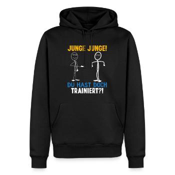 Garçon de fitness GARÇON TU T’ES ENTRAÎNÉ BIZARREMENT, - Sweat à capuche Premium bio Homme - noir - Devant - Nico (187cm)