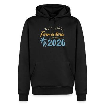 Formentera 2026 - Sweat à capuche Premium bio Homme - noir - Devant - Nico (187cm)