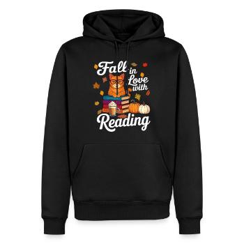Chat qui lit des livres Automne Citrouille - Amoureux des livres - Sweat à capuche Premium bio Homme - noir - Devant - Nico (187cm)