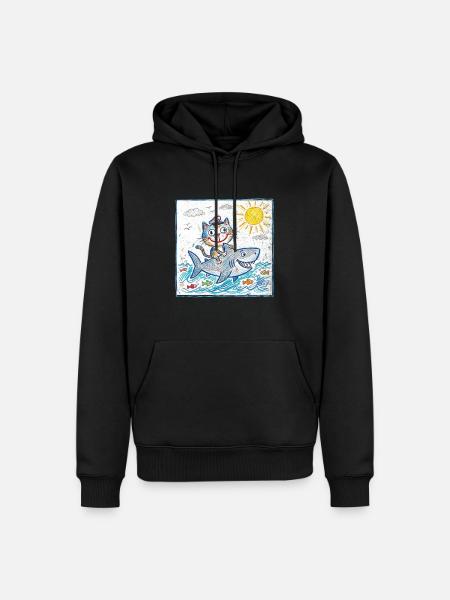 Katze reitet Haifisch - Männer Premium Bio Hoodie - Schwarz