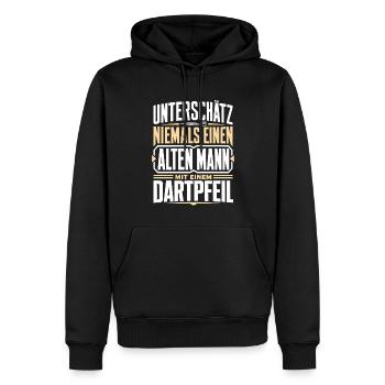 Alter Mann mit Dartpfeil - Männer Premium Bio Hoodie - Schwarz - Vorne - Nico (187cm)