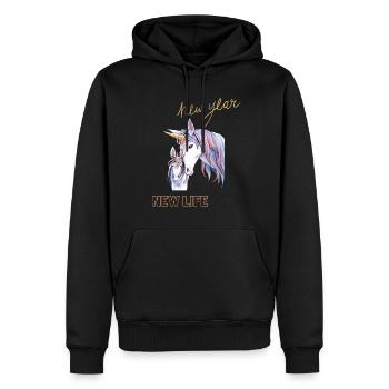 NEW YEAR NEW LIFE -NOUVELLE ANNEE ET LICORNE - Sweat à capuche Premium bio Homme - noir - Devant - Nico (187cm)