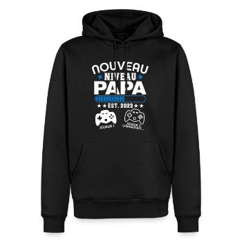 Nouveau niveau papa 2023 - Cadeau Futur Papa Gamer - Sweat à capuche Premium bio Homme - noir - Devant - Nico (187cm)