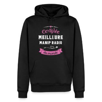Certifiée meilleure manip radio du monde - Sweat à capuche Premium bio Homme - noir - Devant - Nico (187cm)