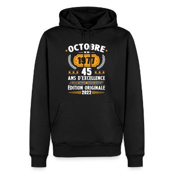 Cadeau D'anniversaire Rétro 45 Ans Octobre 1977 - Sweat à capuche Premium bio Homme - noir - Devant - Nico (187cm)