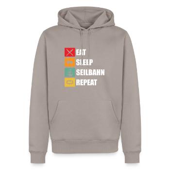 Cable car - eat sleep seilbahn repeat - Men’s Premium Organic Hoodie - taupe - Front - Nico (187cm)