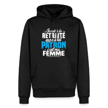 Cadeau retraité, Mon seul patron c'est ma femme - Sweat à capuche Premium bio Homme - noir - Devant - Nico (187cm)