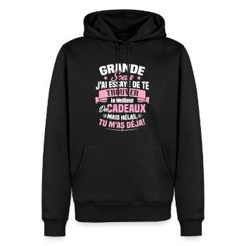 Grande Soeur J'ai essayé de te trouver des cadeaux - Sweat à capuche Premium bio Homme - noir - Devant - Nico (187cm)