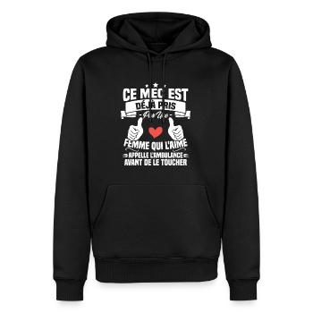 Mec deja pris cadeau homme amour femme - Sweat à capuche Premium bio Homme - noir - Devant - Nico (187cm)