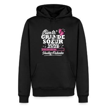 Bientôt grande soeur 2026 - Sweat à capuche Premium bio Homme - noir - Devant - Nico (187cm)