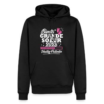 Bientôt grande soeur 2025 - Sweat à capuche Premium bio Homme - noir - Devant - Nico (187cm)