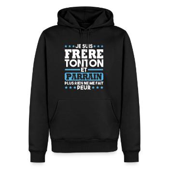 Frère tonton et Parrain - Sweat à capuche Premium bio Homme - noir - Devant - Nico (187cm)