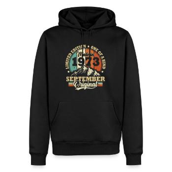Cadeau Anniversaire Rétro Vintage 1973 Septembre - Sweat à capuche Premium bio Homme - noir - Devant - Nico (187cm)