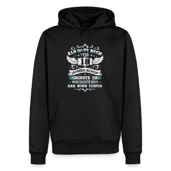 Als gott mich vor 18 jahren schuf - Männer Premium Bio Hoodie - Schwarz - Vorne - Nico (187cm)