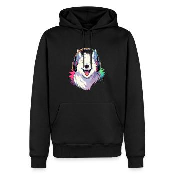 Cheerful EDM Samoyed DJ Rave - Men’s Premium Organic Hoodie - black - Front - Nico (187cm)