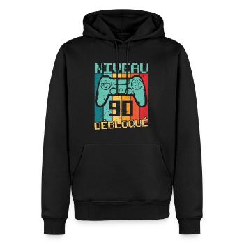 Niveau 90 débloqué Cadeau 90 ans Anniversaire - Sweat à capuche Premium bio Homme - noir - Devant - Nico (187cm)