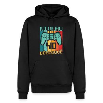 niveau 40 débloquéNiveau 40 débloqué Cadeau 40 ans - Sweat à capuche Premium bio Homme - noir - Devant - Nico (187cm)