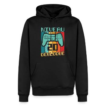 Niveau 20 débloqué Cadeau 20 ans Anniversaire - Sweat à capuche Premium bio Homme - noir - Devant - Nico (187cm)