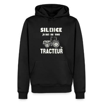 Silence Je Suis Sur Mon Tracteur | Humour Tracteur - Sweat à capuche Premium bio Homme - noir - Devant - Nico (187cm)