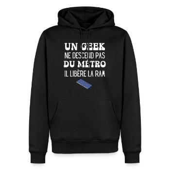 un geek ne descend pas du métro - Sweat à capuche Premium bio Homme - noir - Devant - Nico (187cm)