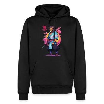 Samurai Katze Vaporwave Aesthetic Design - Männer Premium Bio Hoodie - Schwarz - Vorne - Nico (187cm)