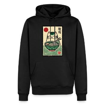 Chat rétro kawaii avec nouilles ramen Japon ukiyo-e - Sweat à capuche Premium bio Homme - noir - Devant - Nico (187cm)
