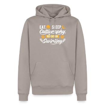 Essen. Sleep.Calligraphy , Wiederholung beim Wirbeln - Männer Premium Bio Hoodie - Taupe - Vorne - Nico (187cm)