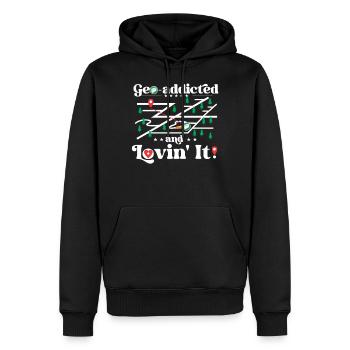 Geo-süchtig und liebend! - Männer Premium Bio Hoodie - Schwarz - Vorne - Nico (187cm)