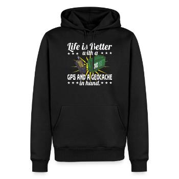 La vie est meilleure avec un GPS et une géocache en main. - Sweat à capuche Premium bio Homme - noir - Devant - Nico (187cm)