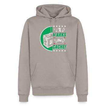 X markiert den Cache! - Männer Premium Bio Hoodie - Taupe - Vorne - Nico (187cm)