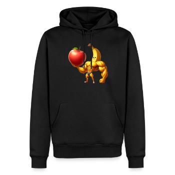 Banane musclée soulevant une énorme pomme - Sweat à capuche Premium bio Homme - noir - Devant - Nico (187cm)
