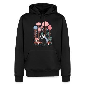Cottagecore Waldlandschaft mit Dachs und Pilzen - Männer Premium Bio Hoodie - Schwarz - Vorne - Nico (187cm)