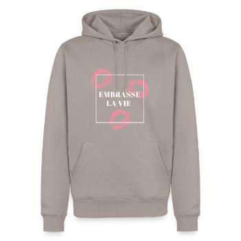 Embrace life - Men’s Premium Organic Hoodie - taupe - Front - Nico (187cm)